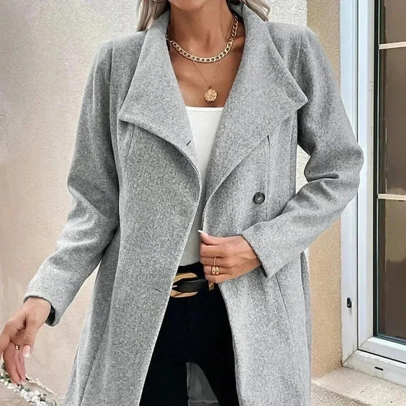 . Jackets & Blazers - Grey Casual Womens Waterfall Collar Belted Overcoat